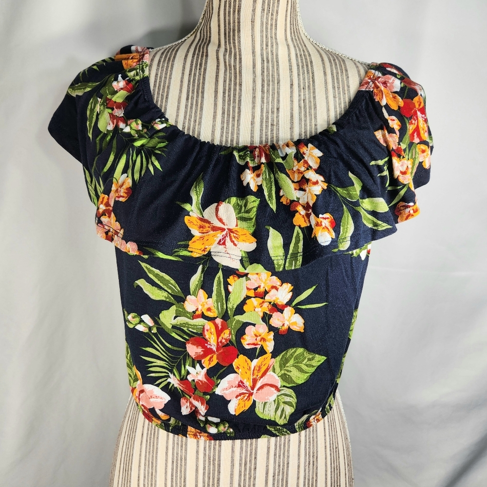 Ambiance NWT Navy Floral Print On or Off Shoulder Elastic Hem Crop Top Sz Medium